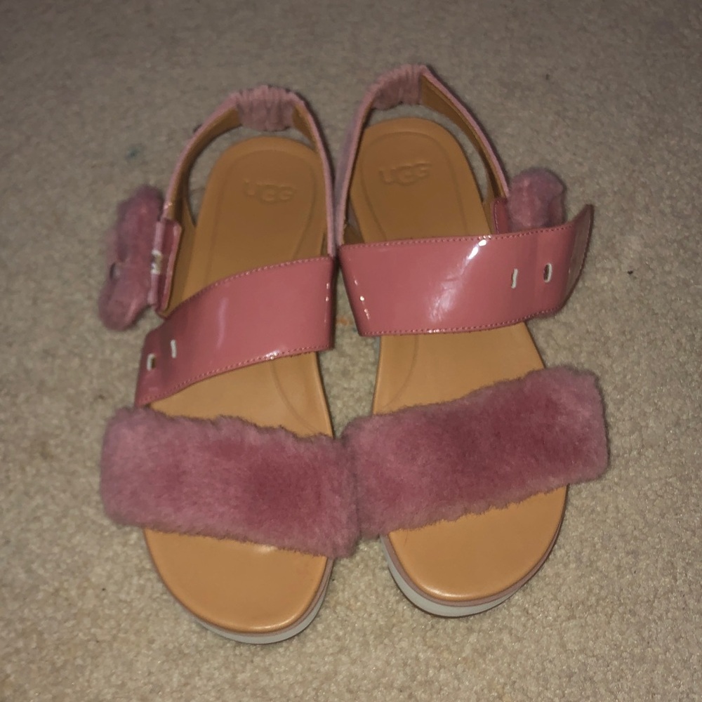 UGG Pink Fuzzy Strap Sandals